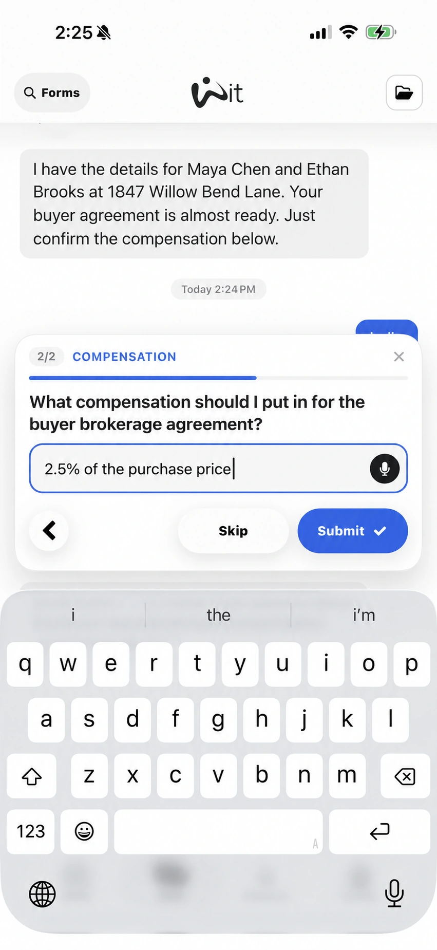 Wit’s mobile app with a sample buyer-agreement conversation and a compensation answer ready to submit.